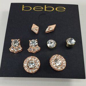 BEBE Set of 4 pairs of Gold and Rose Gold-tone Rhinestone Crystal Studs Earrings